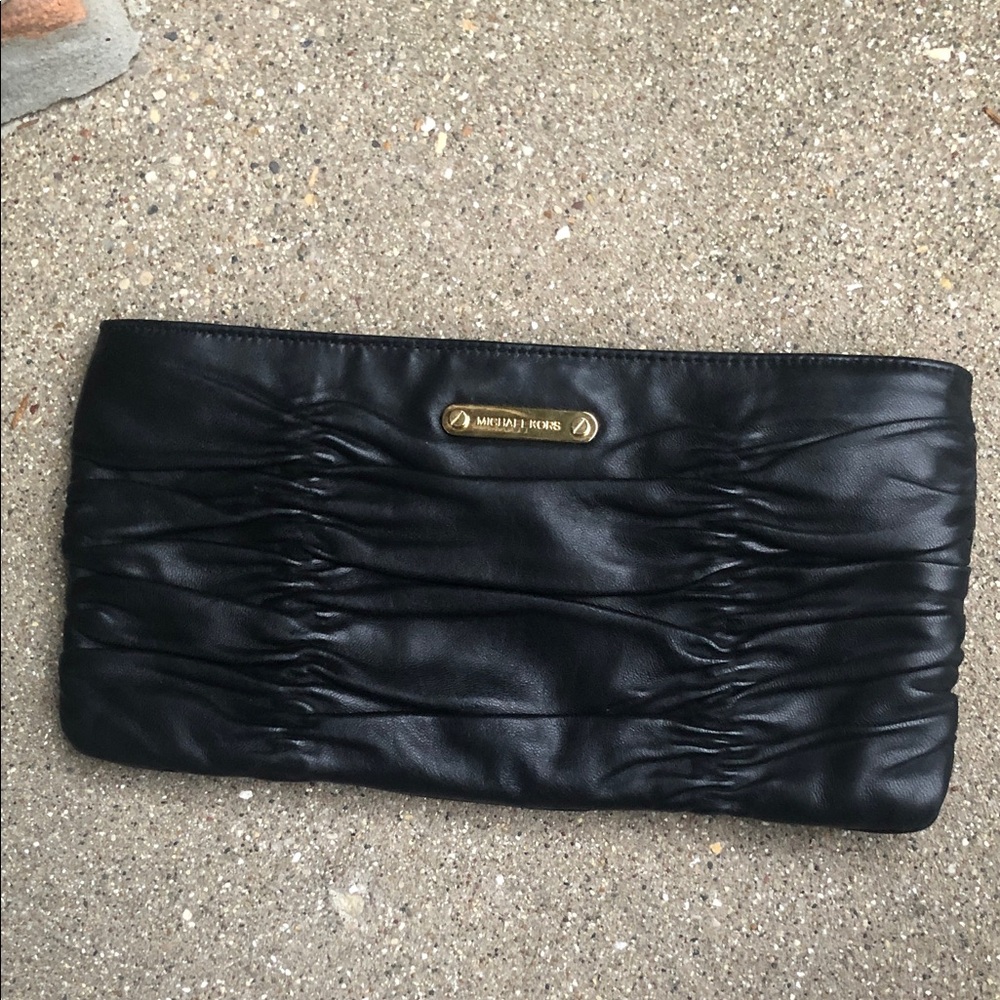 Michael Kors Black Ruched Leather Clutch with Gold Plaque